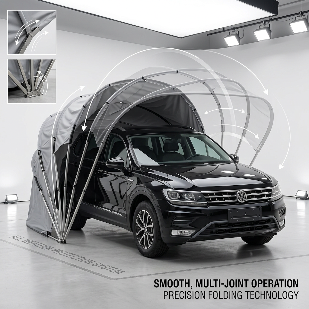 Smart retractable car cover deployed over a luxury SUV at dusk